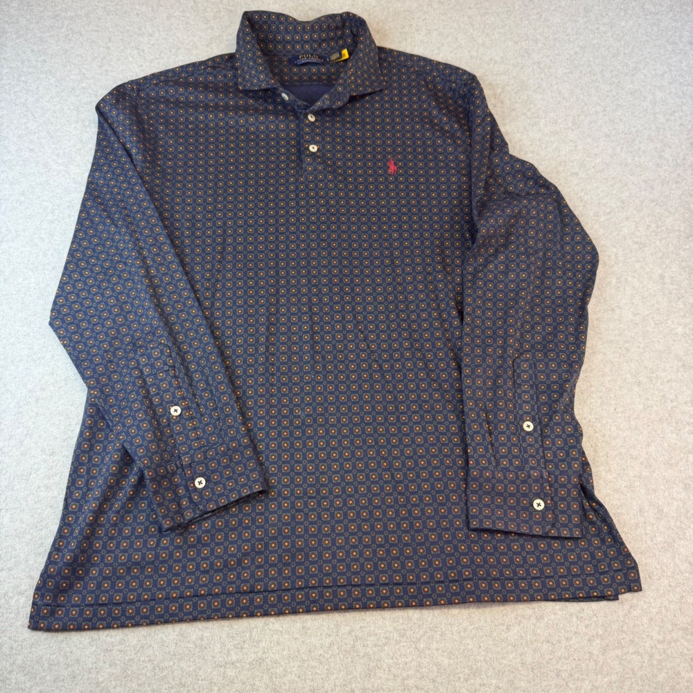 Polo Ralph Lauren Mens Large Classic Fit Geometric Floral Long Sleeve Polo Navy